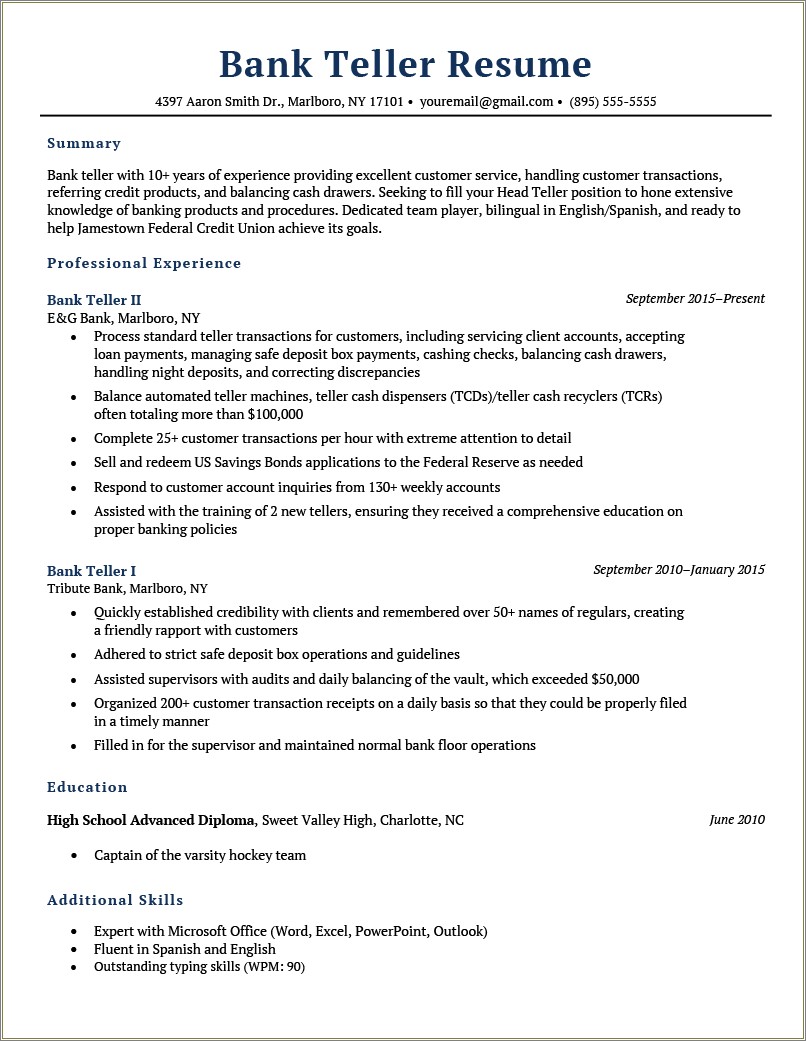 Objective For Bank Customer Service Resume