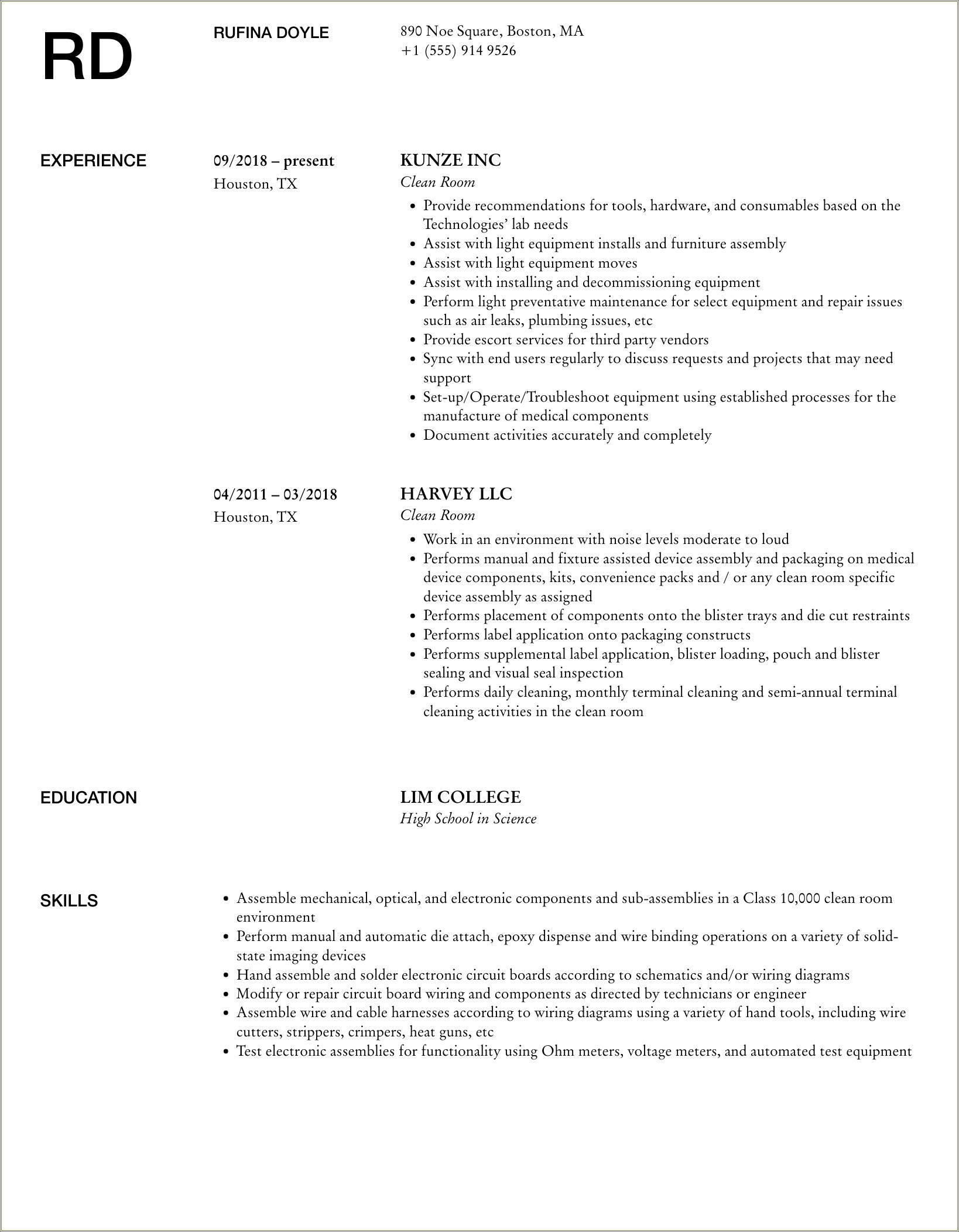 Objective For Clean Room Manufacturing Resume