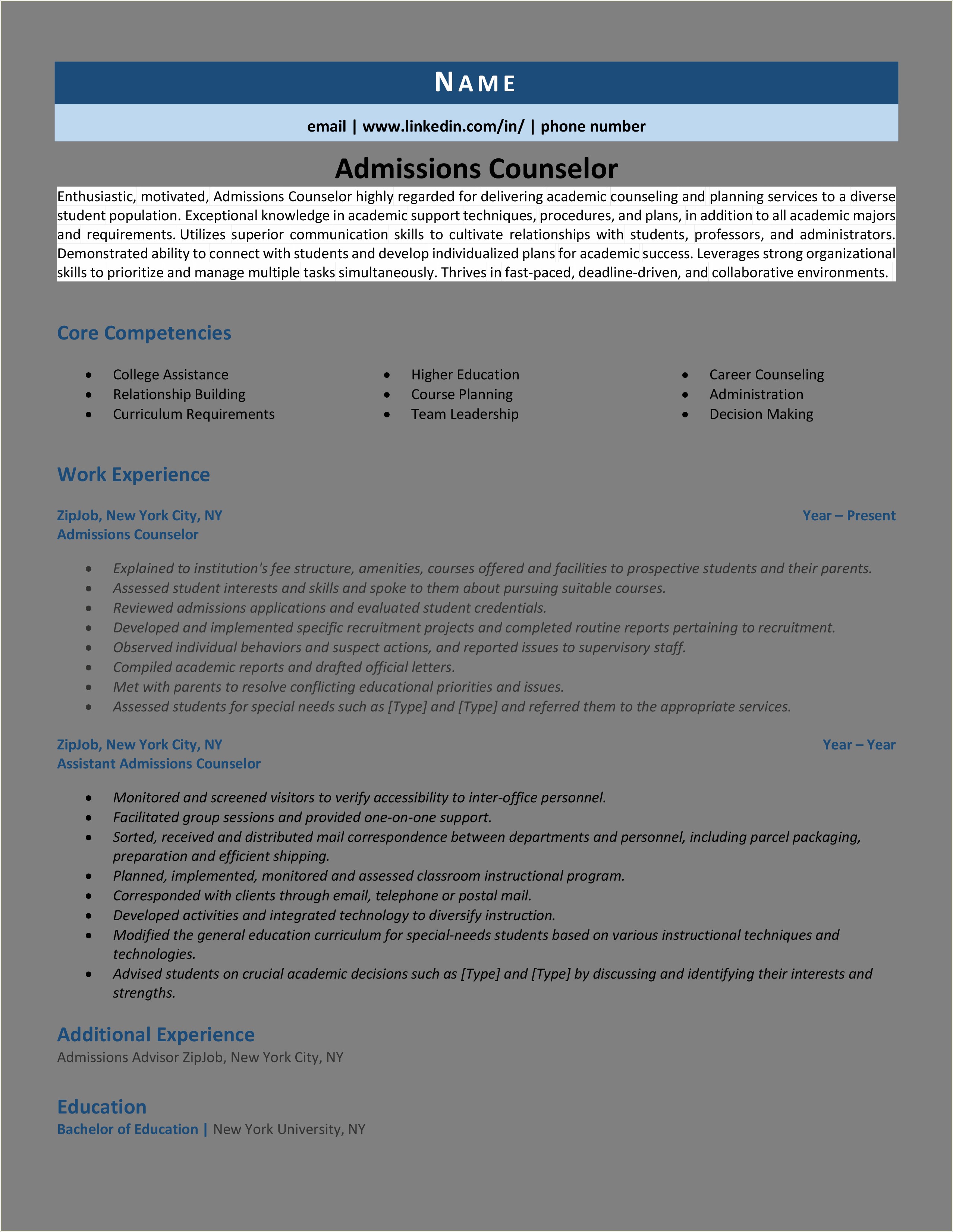 Objective For College Admission Counslor Resume