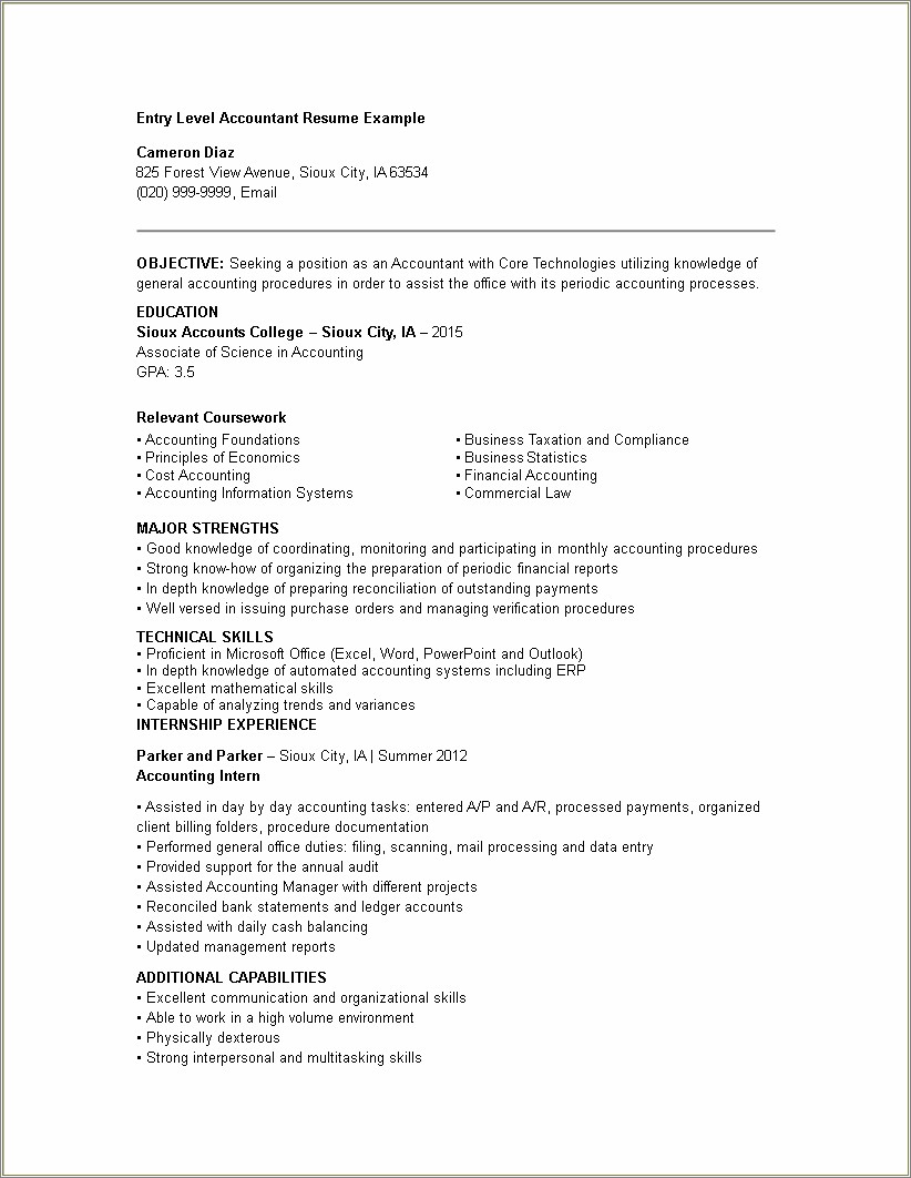 Objective For Entry Level Accounting Resume