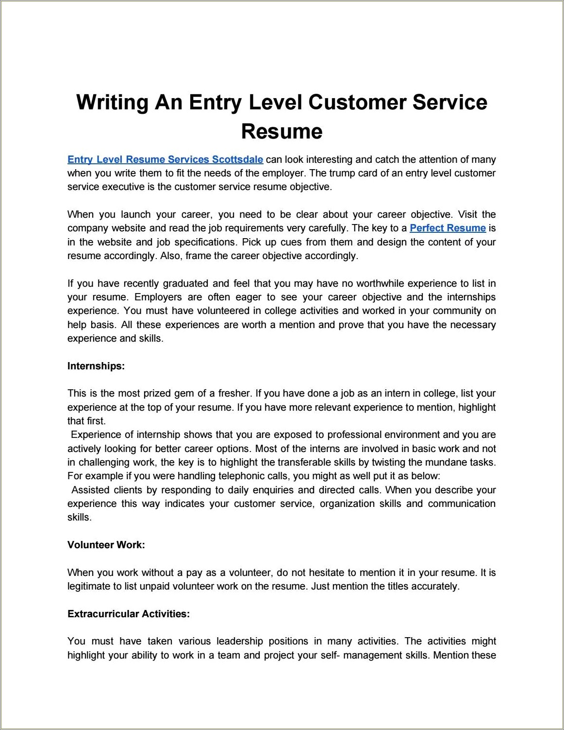 Objective For Entry Level Customer Service Resume