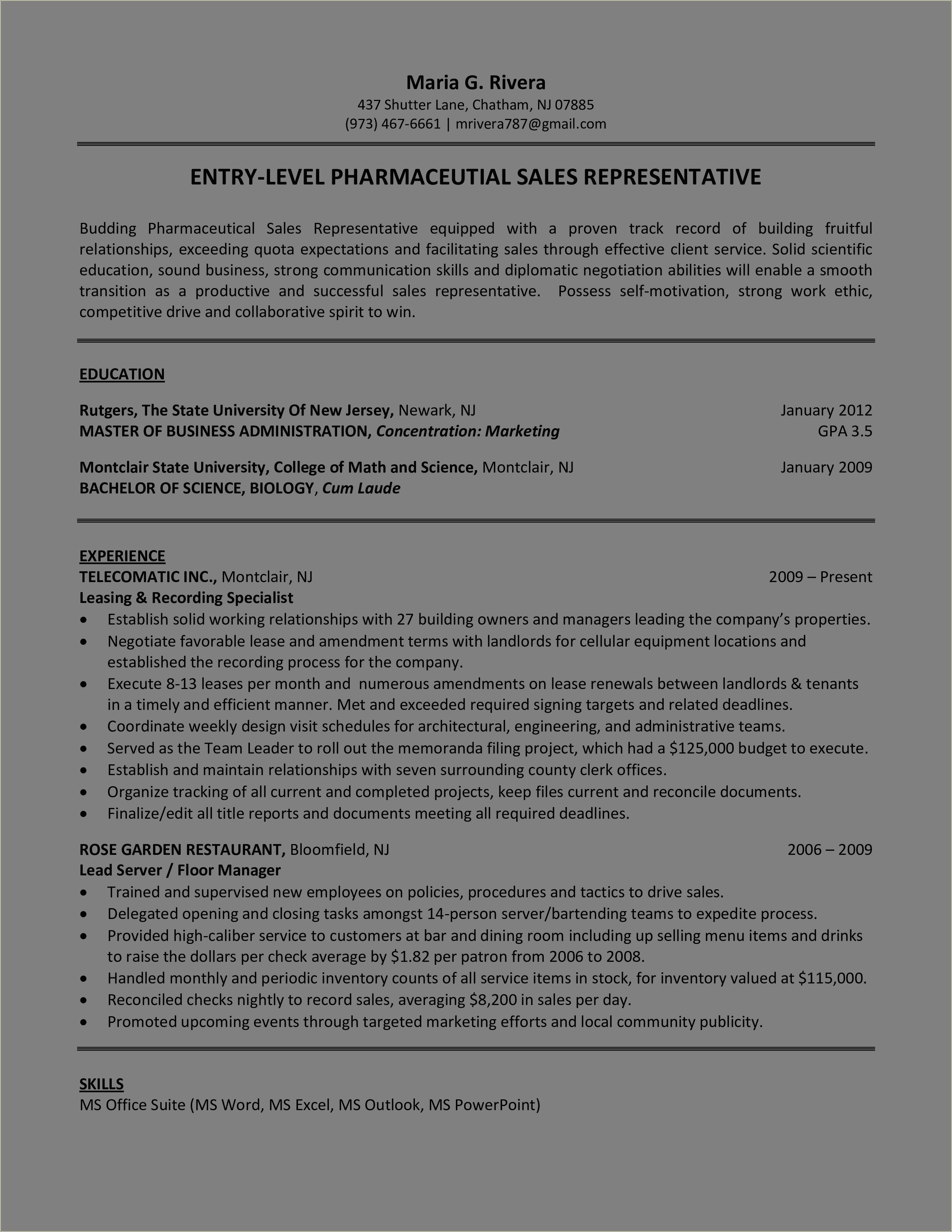 Objective For Entry Level Pharmaceutical Sales Resume