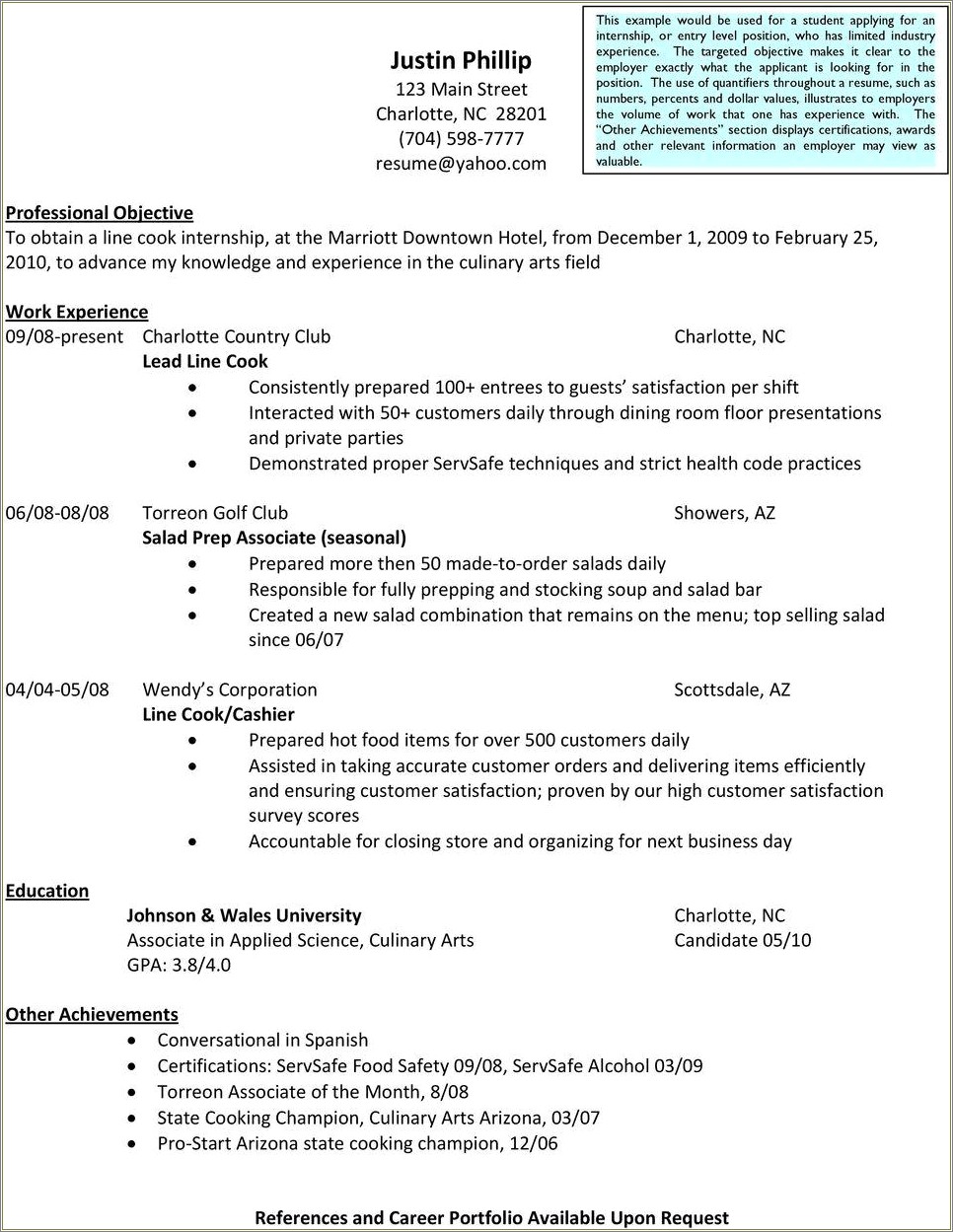 Objective For Internship Resume In Culinary Arts
