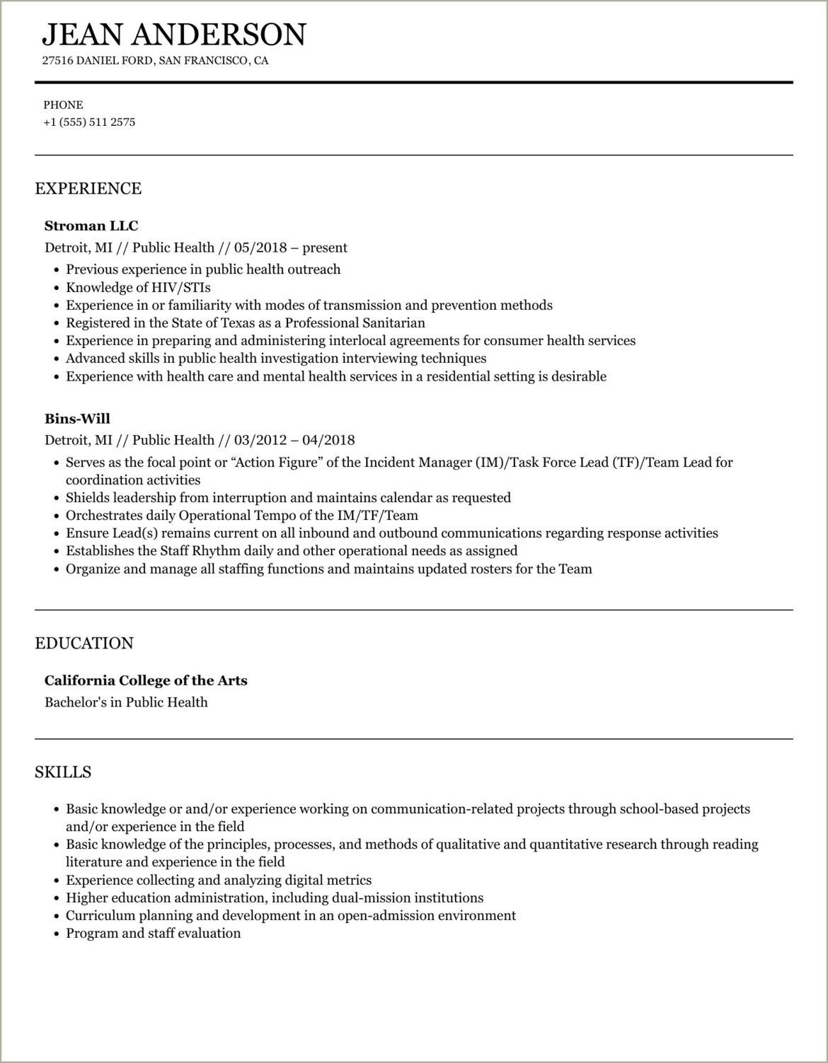 Objective For Internship Resume In Public Health