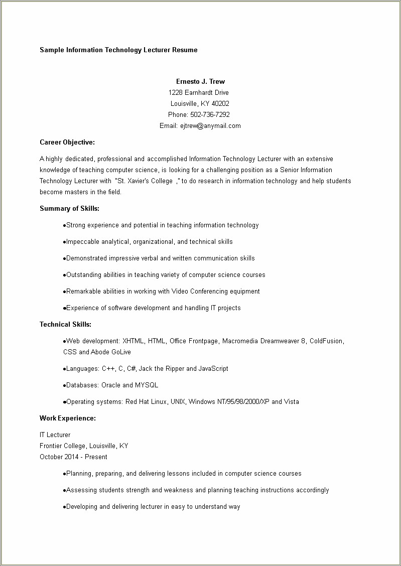 Objective For Job Resumes Information Technology