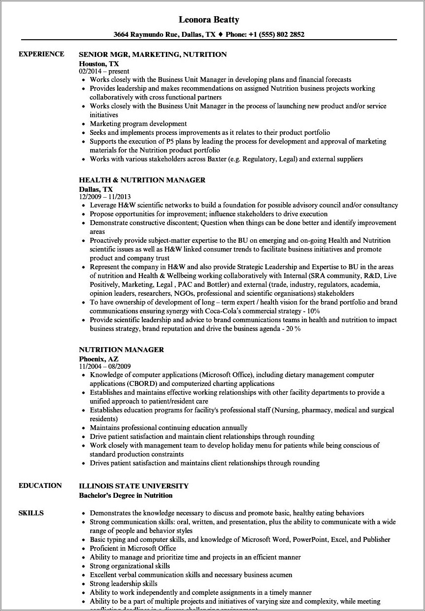 Objective For Management Position Resume Nutrition