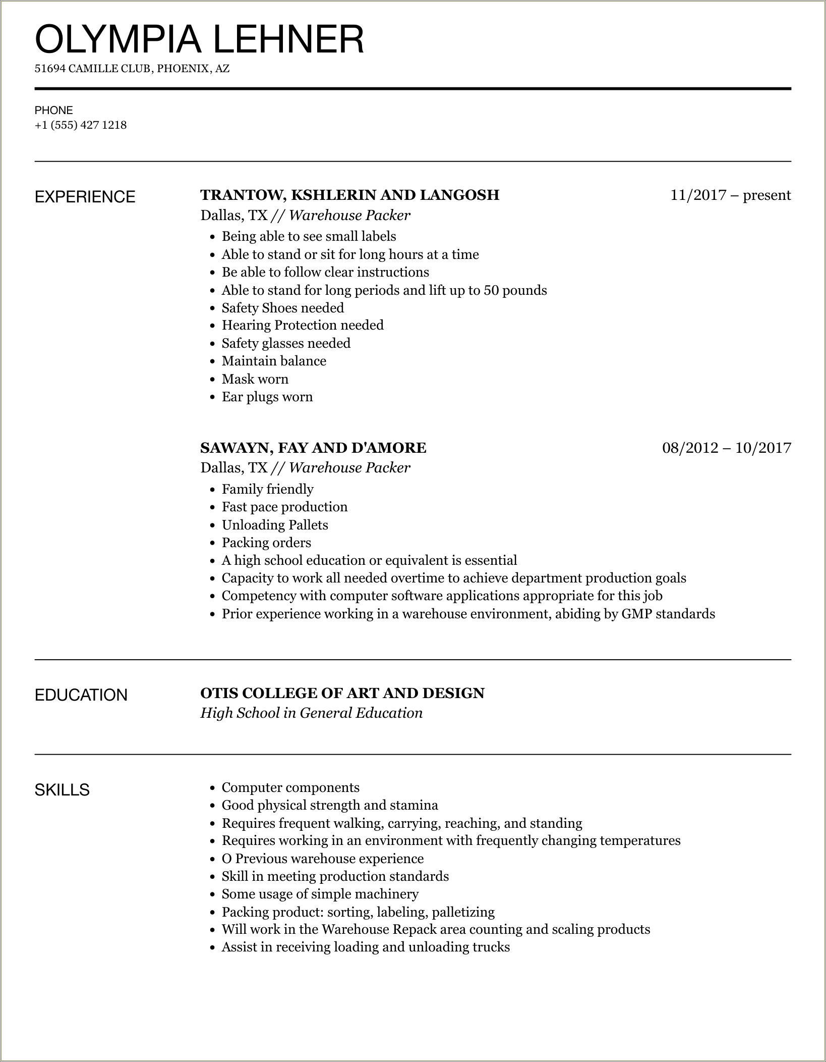 Objective For Resume Examples For Warehouse Job