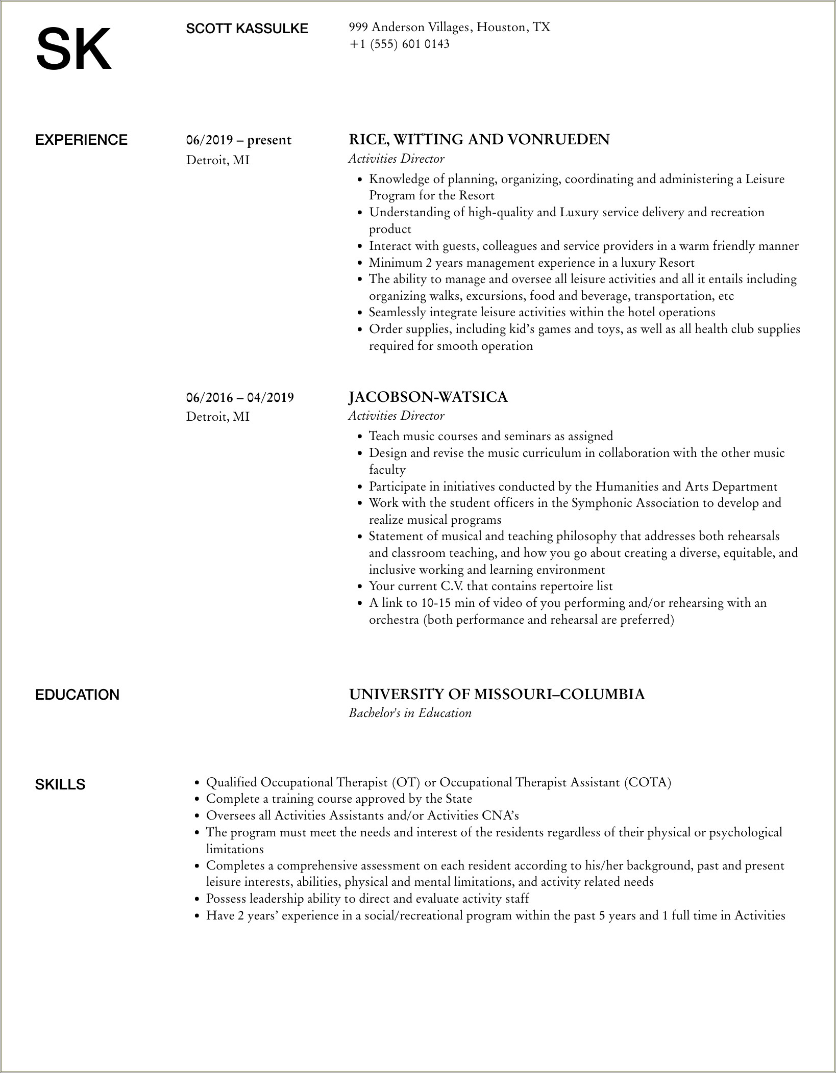 Objective For Resume For Activity Director