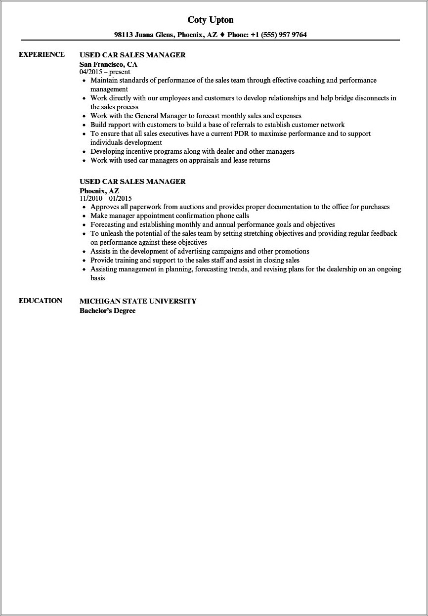 Objective For Resume For Car Sales Manager