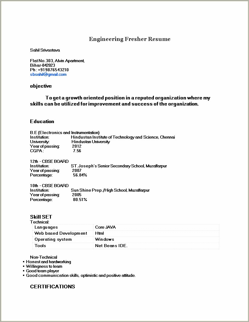 Objective For Resume For Engineering Freshers