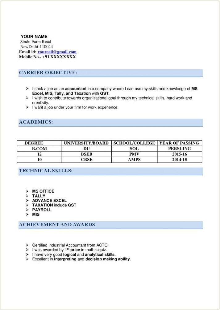 Objective For Resume For Fresher Accountant