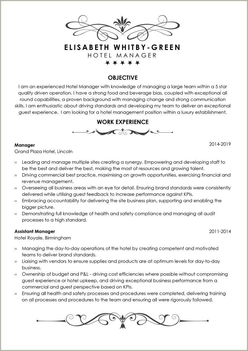 Objective For Resume For Hotel Management