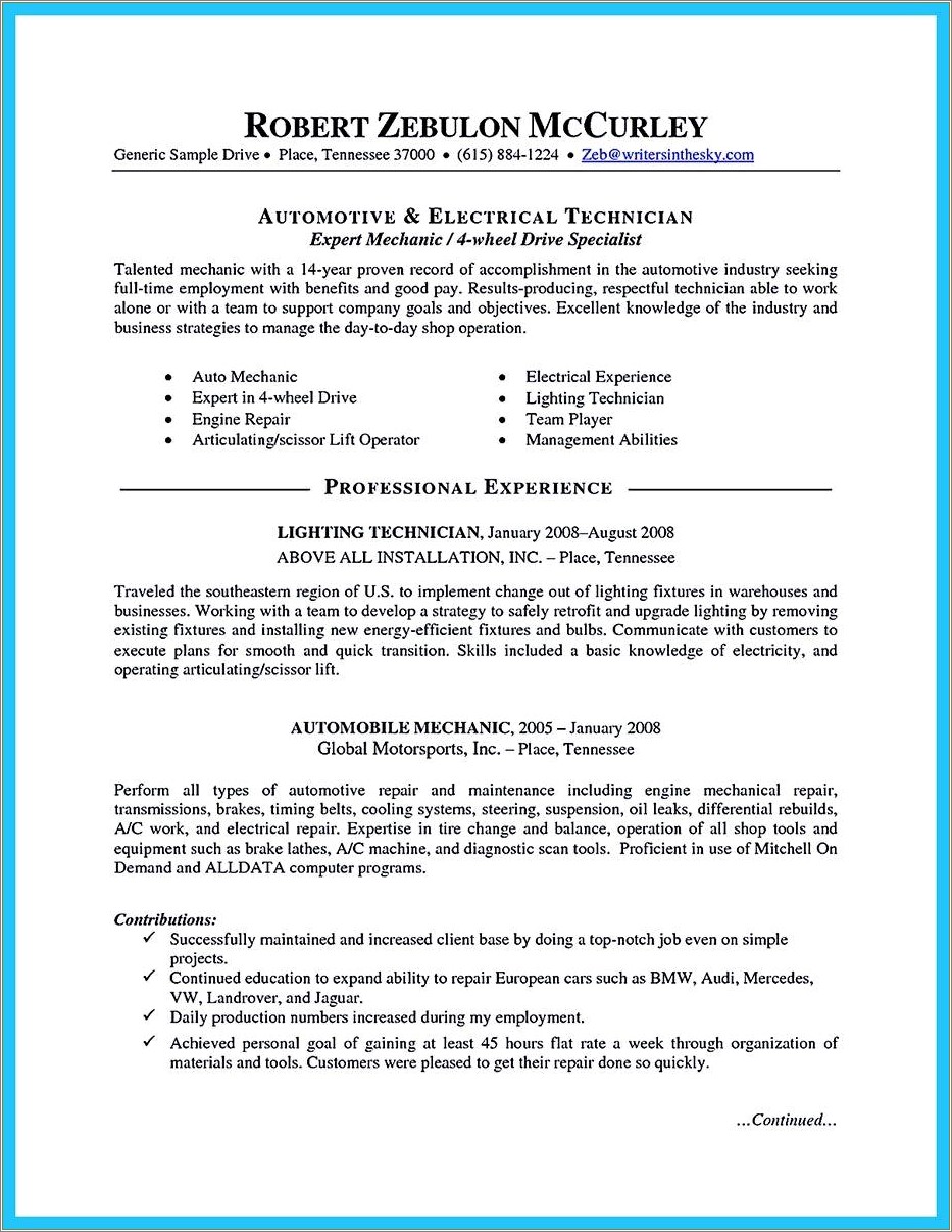 Objective For Resume For Mechanical Technician