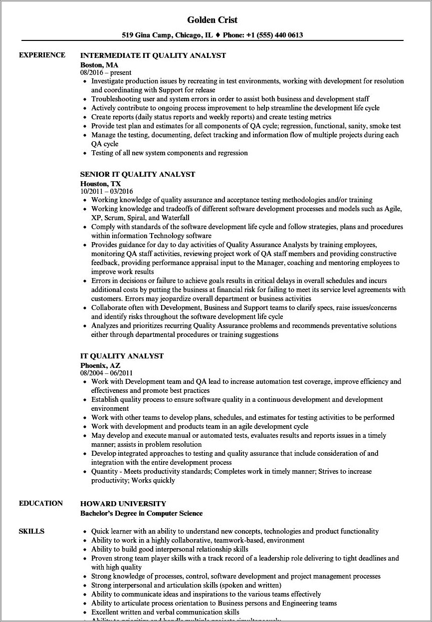 Objective For Resume For Quality Analyst