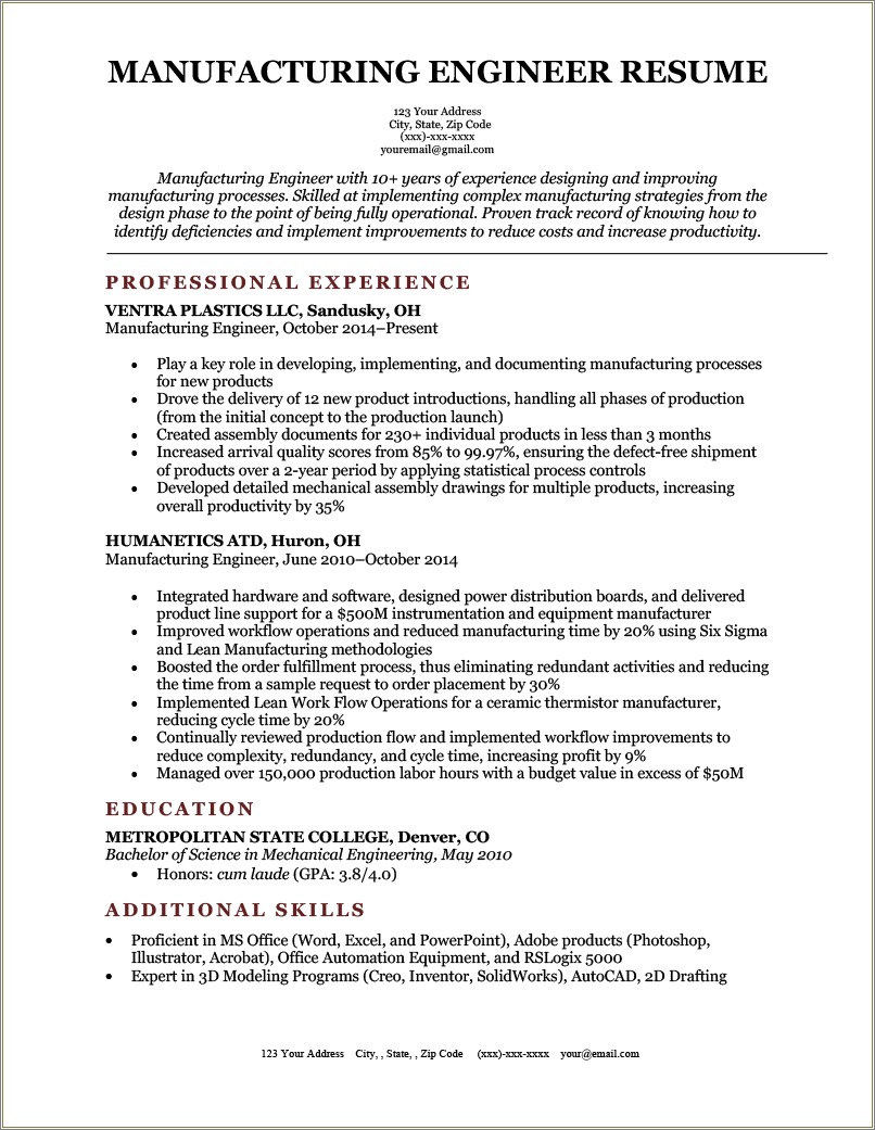 Objective For Resume On For Manufacturer