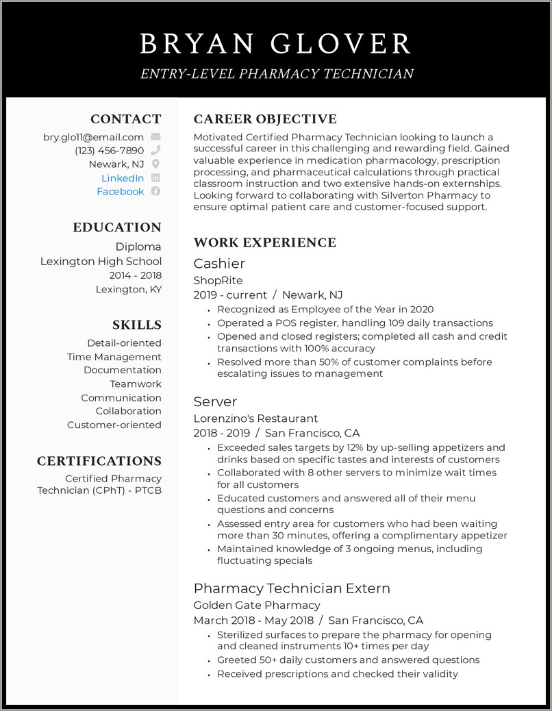 Objective For Resume Pharmacy Technician Trainee