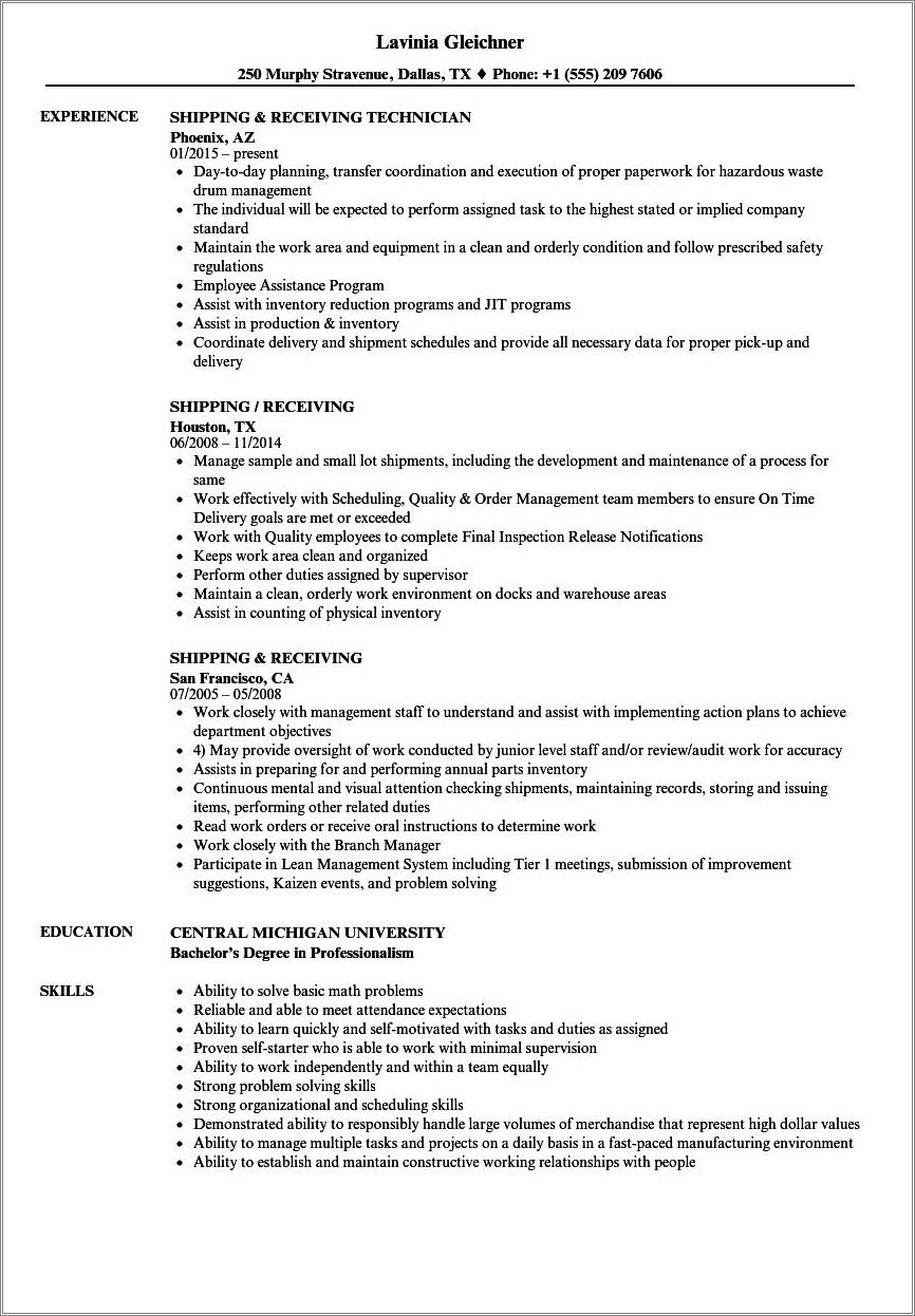 Objective For Resume Shipping And Receiving