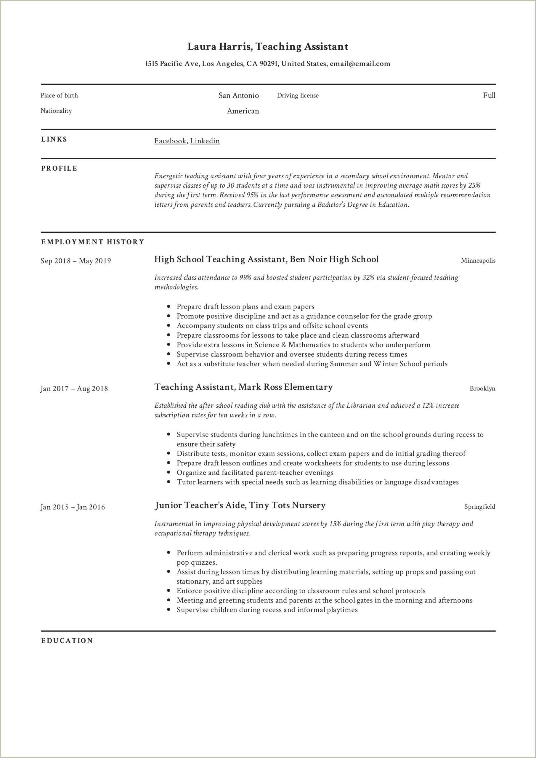 Objective For Special Education Teacher Assistant Resume
