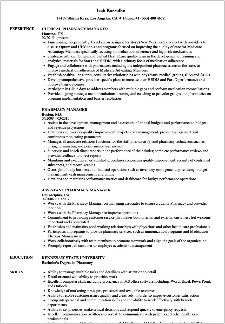 Objective In A Resume For Unitedhealth Group Pharmacy