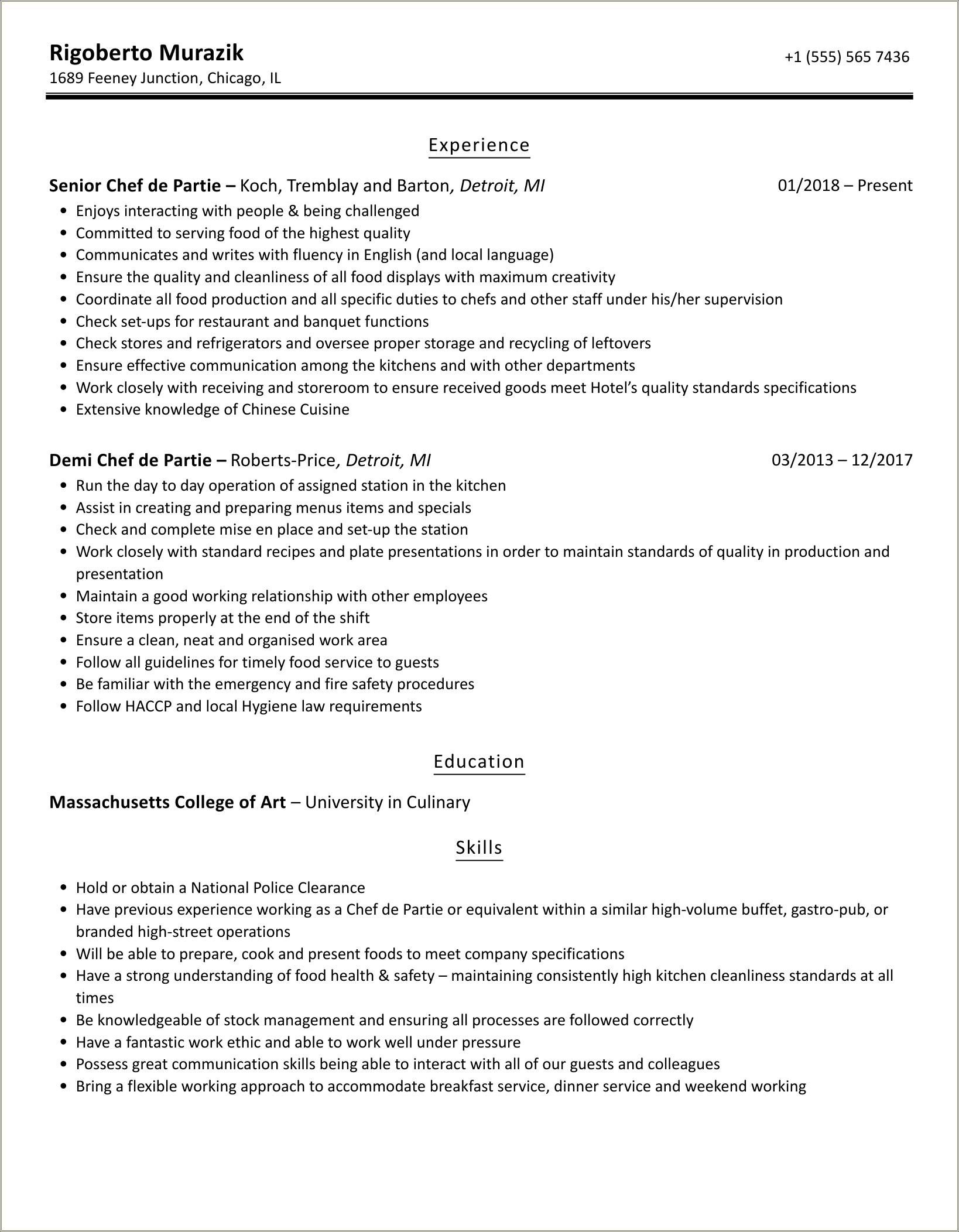 Objective In Resume Applying For Chef