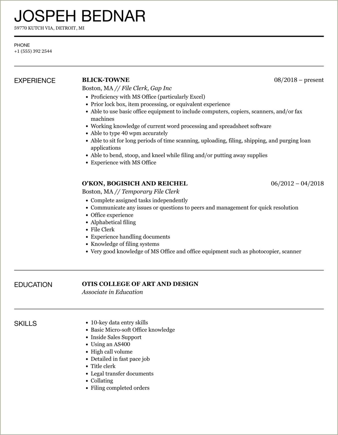 Objective In Resume Applying For File Clerk