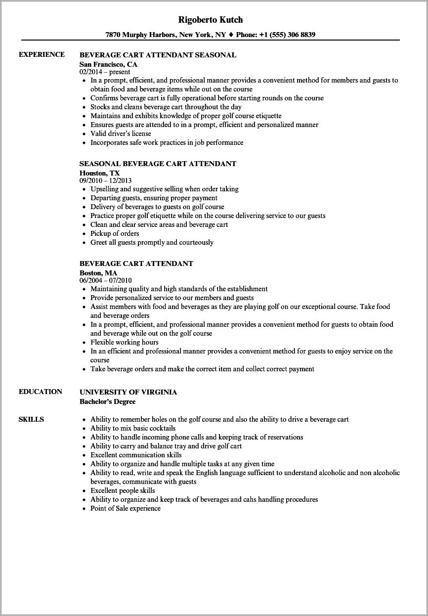 Objective In Resume Examples Beverage Cart Attendant
