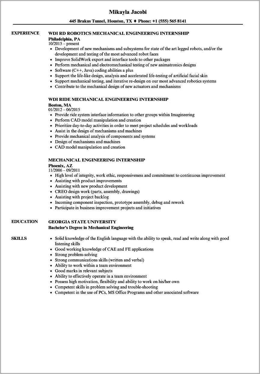 Objective In Resume For Engineering Internshi