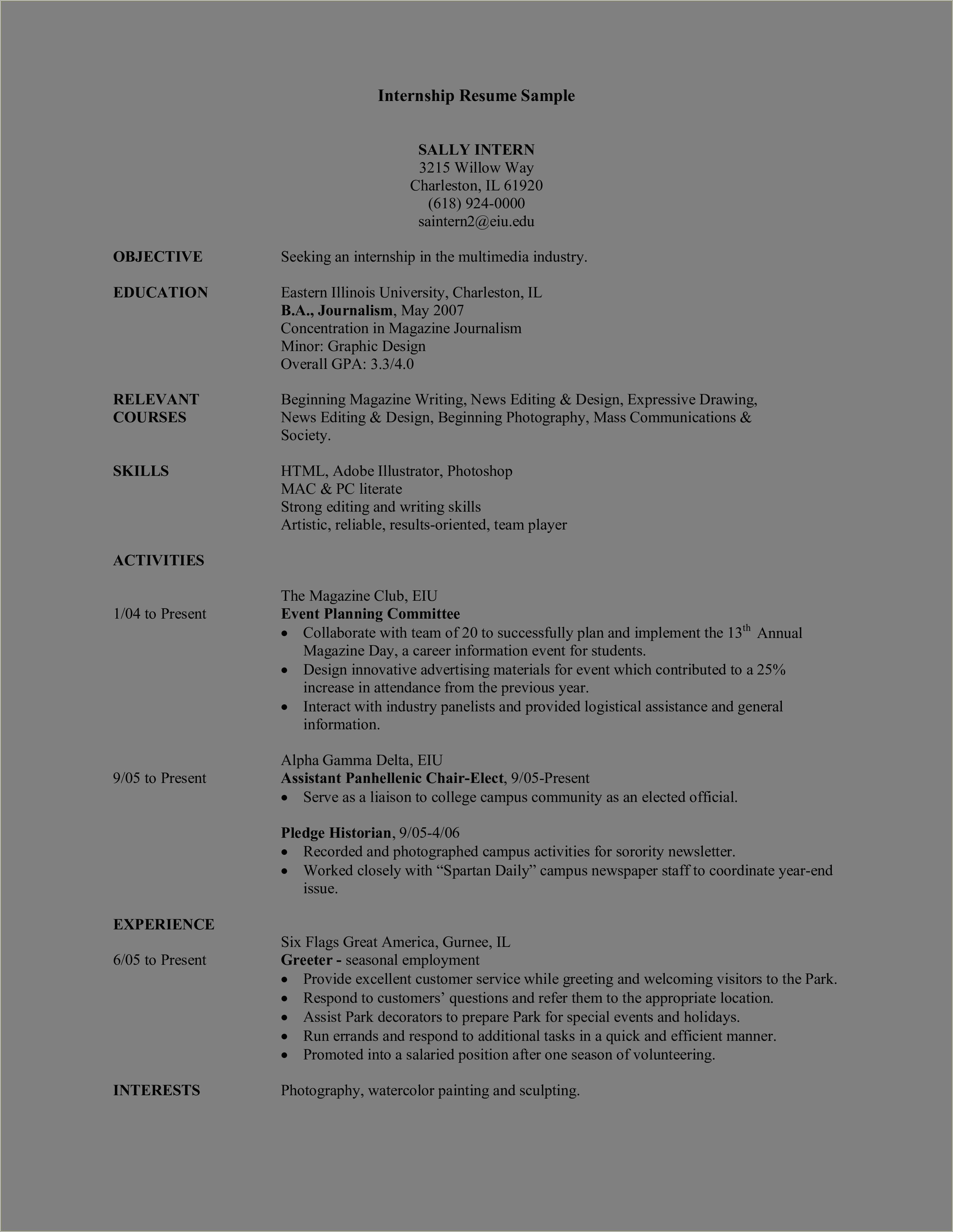 Objective In Resume For Entertainment Internship