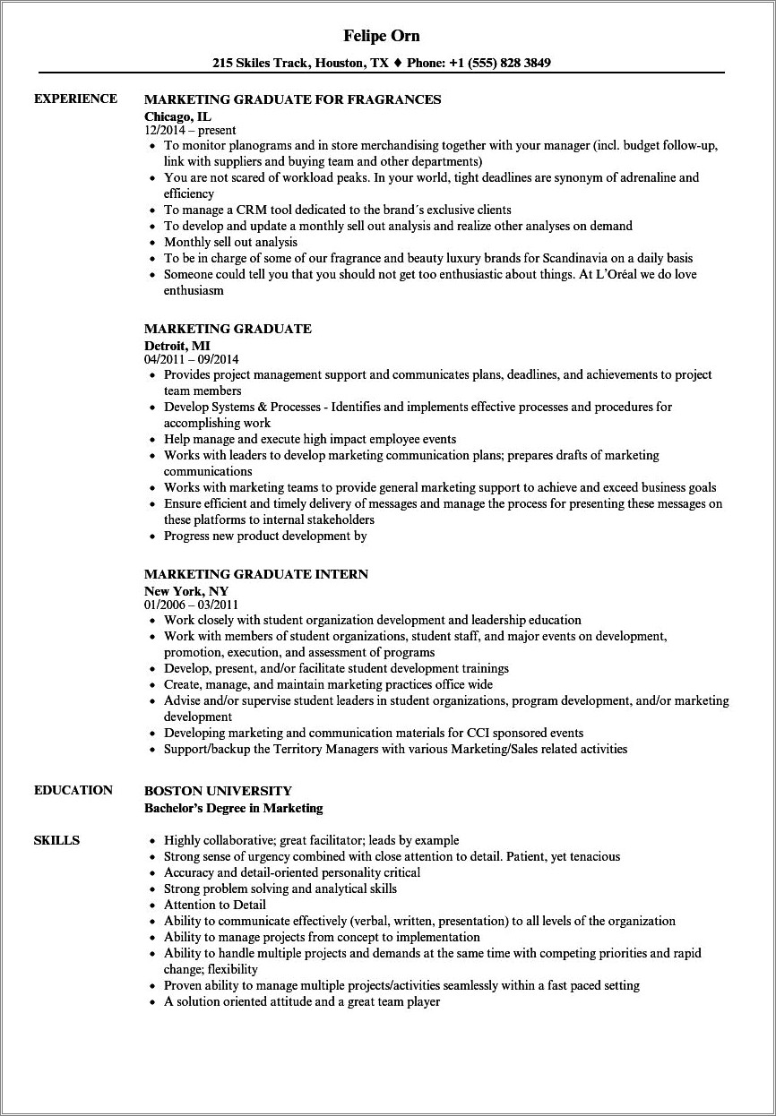 Objective In Resume For Fresh Graduate Example