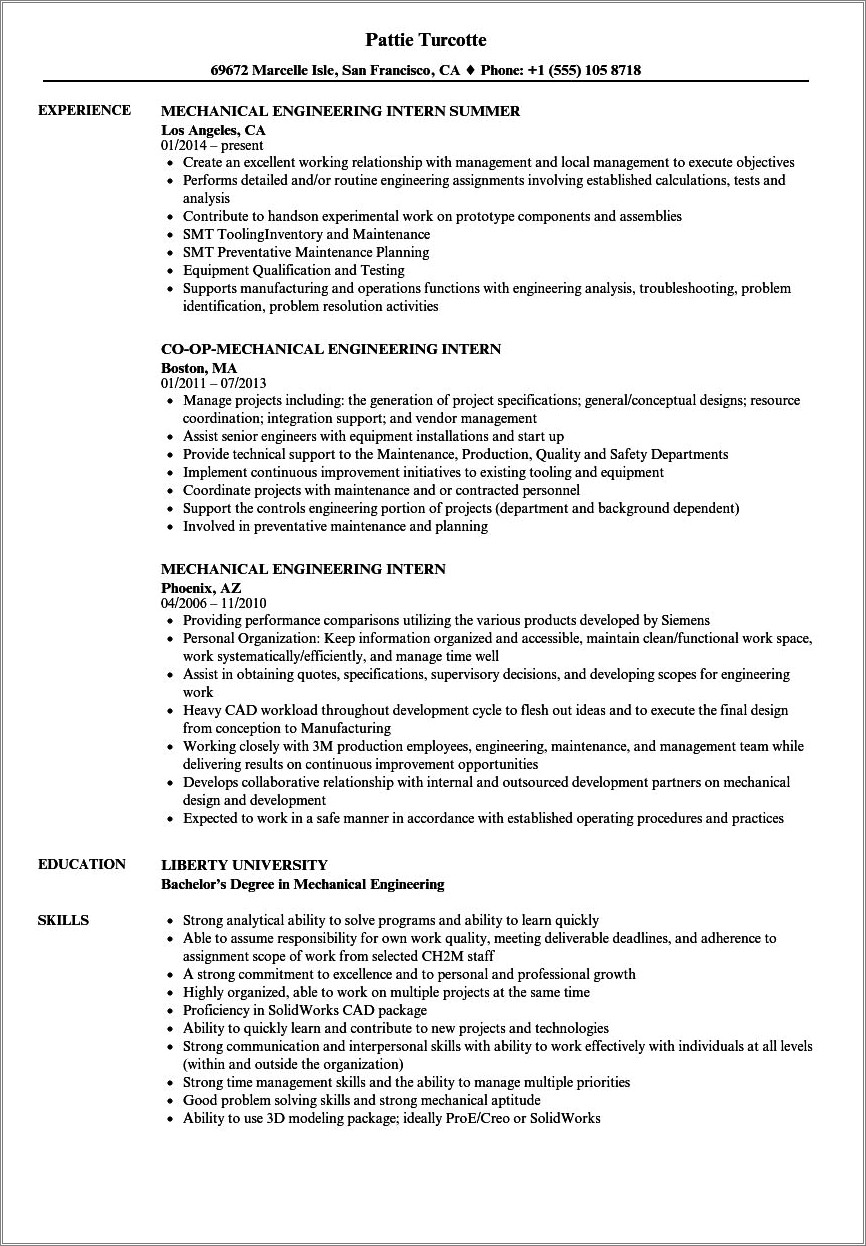 Objective In Resume For Internship In Electrical Engineering