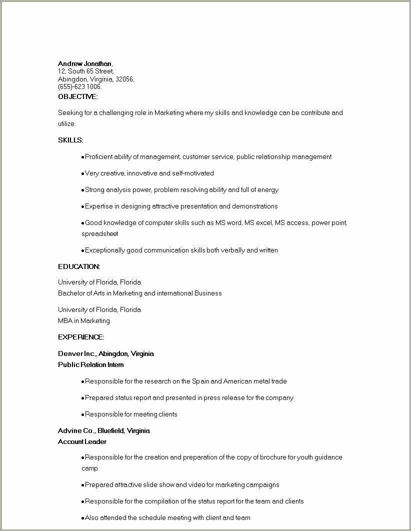 Objective In Resume For Marketing Student