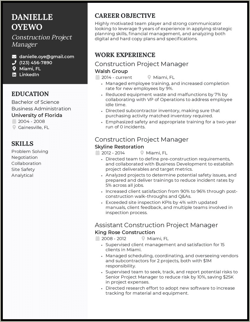 Objective Line For Construction Management Resume
