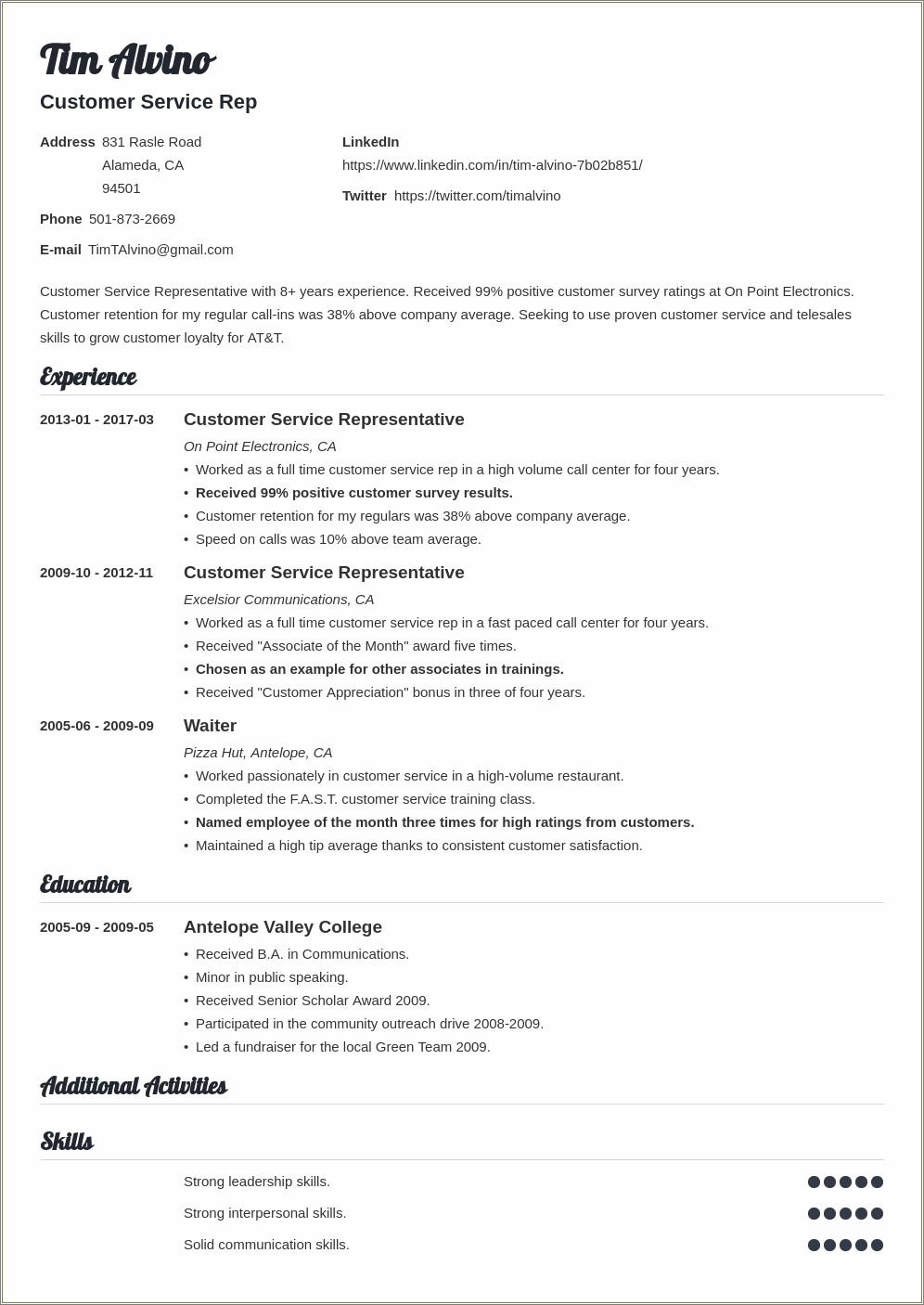 Objective Of A Resume For Customer Service