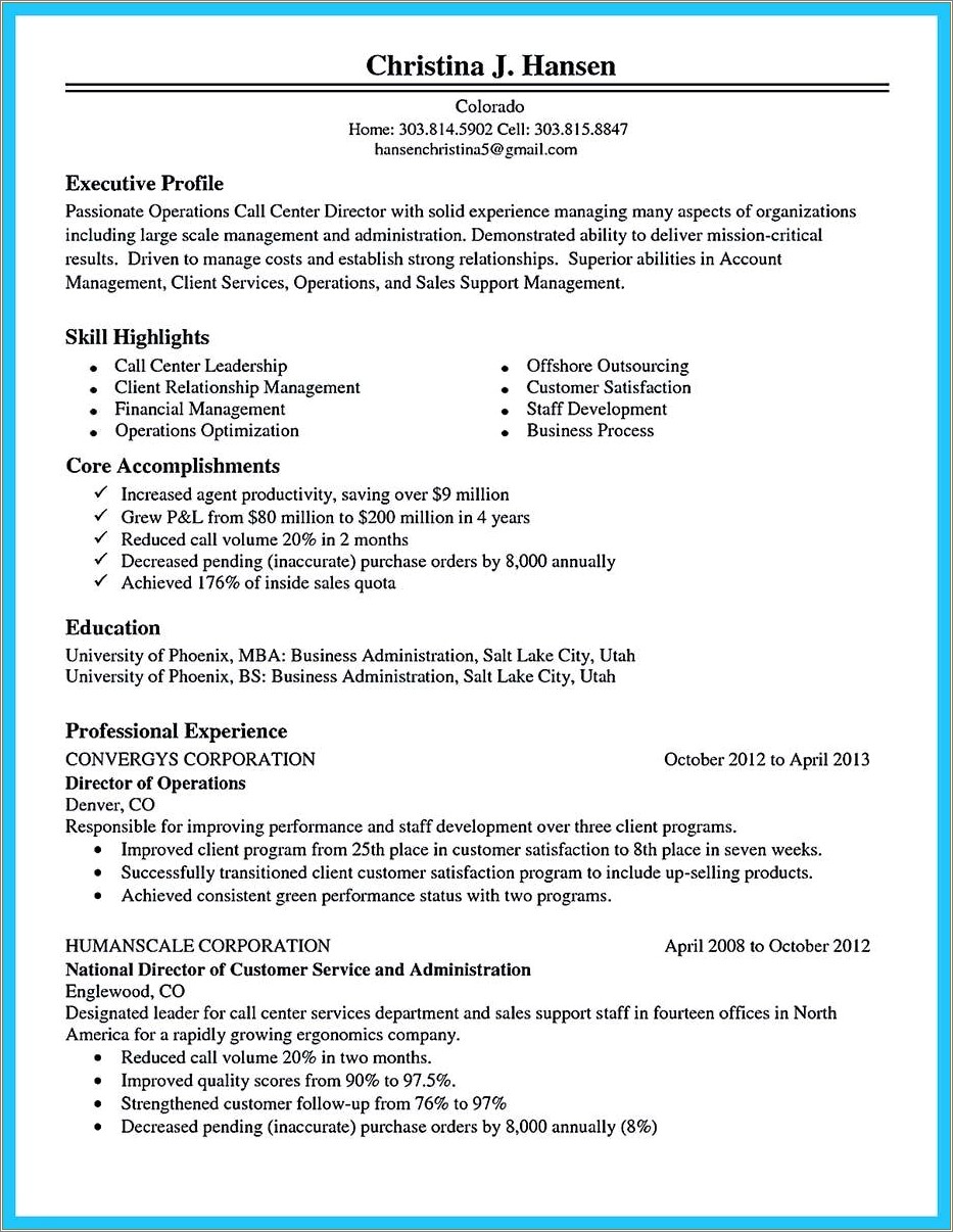 Objective Of Resume For Call Center