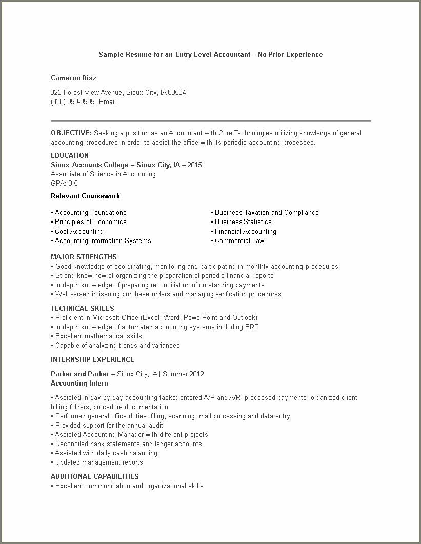 Objective On Resume For Accounting Internship For Junior