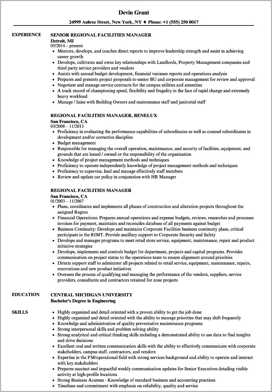 Objective On Resume For Facilitles Technician