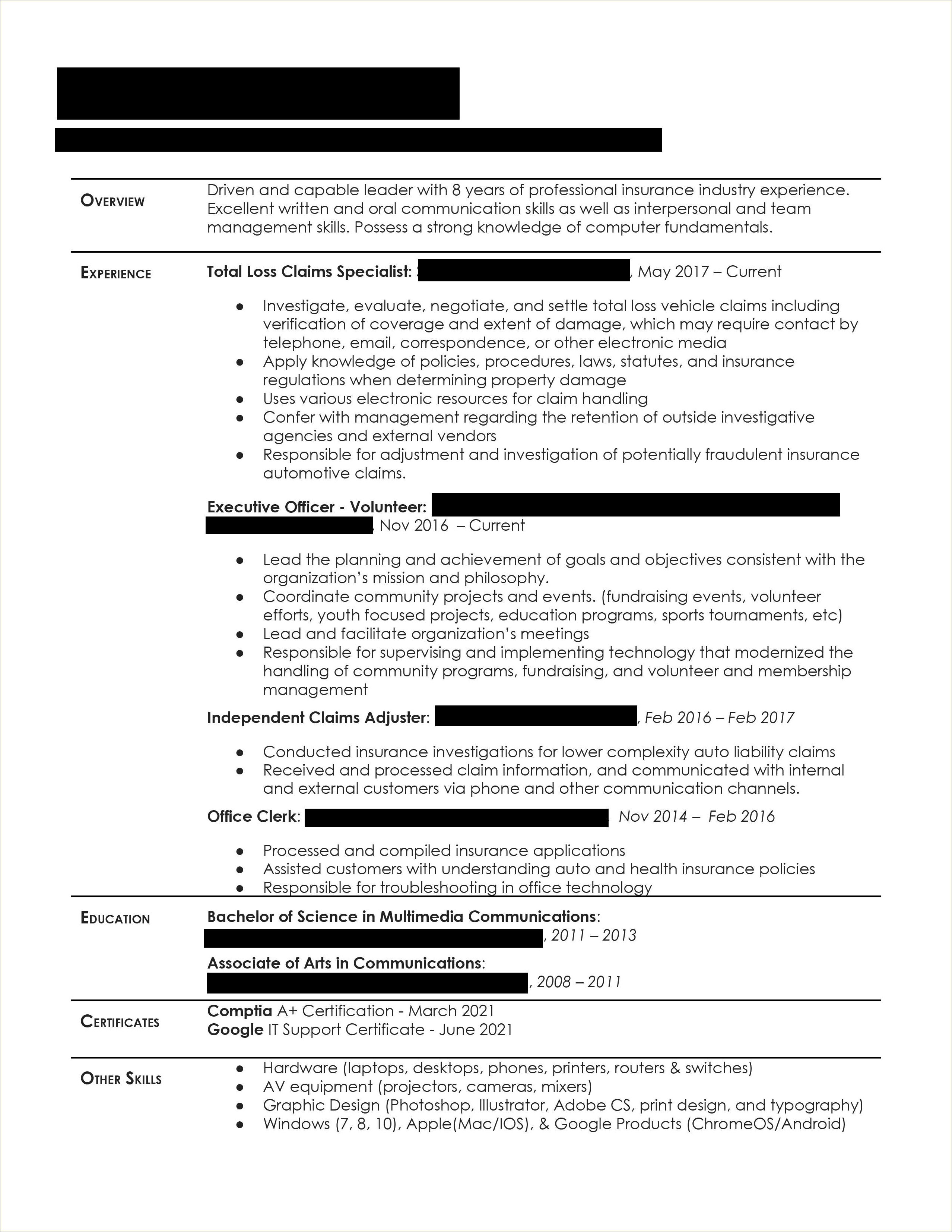 Objective On Resume For Insurance Adjuster