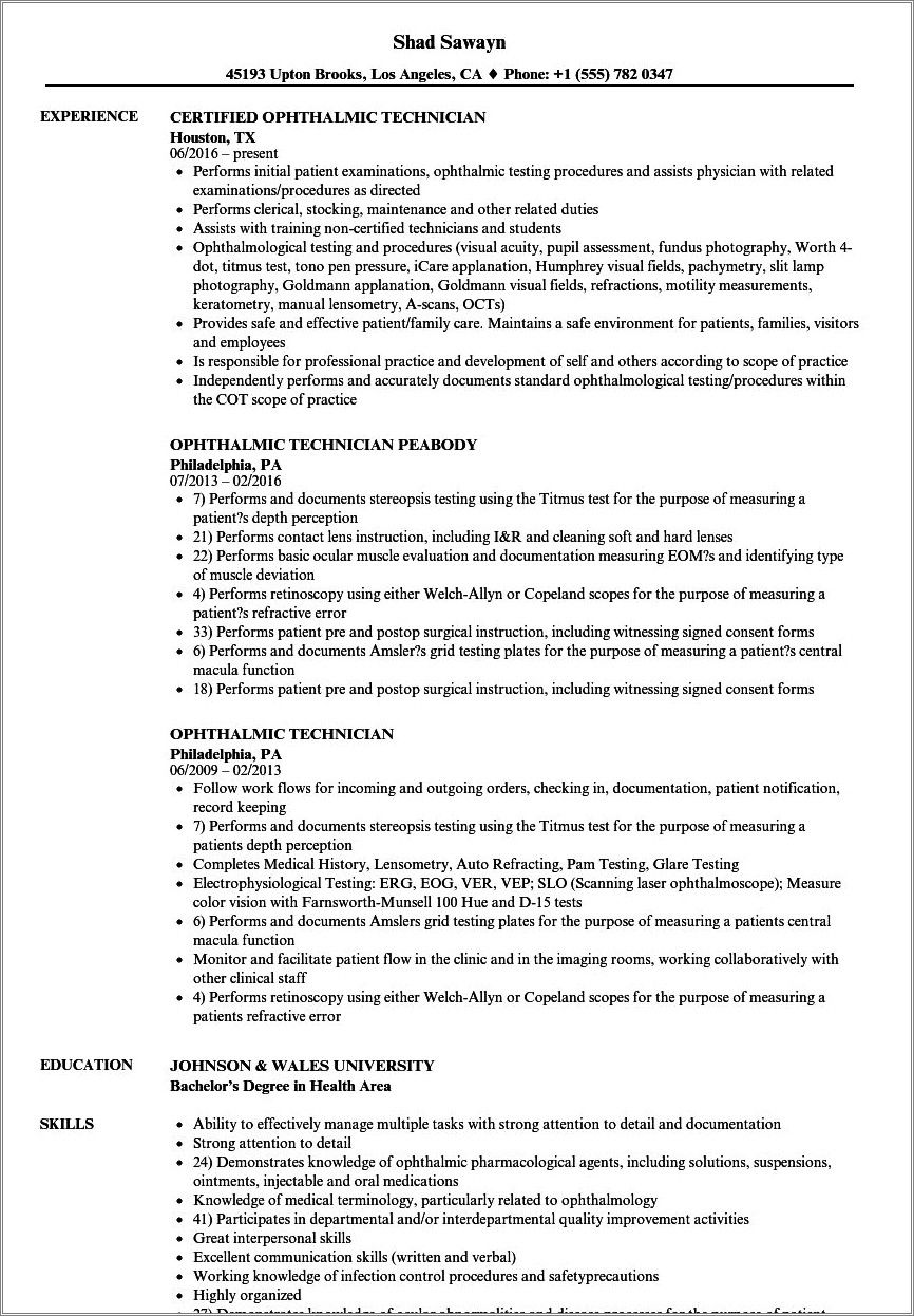 Objective On Resume For Optometric Technician