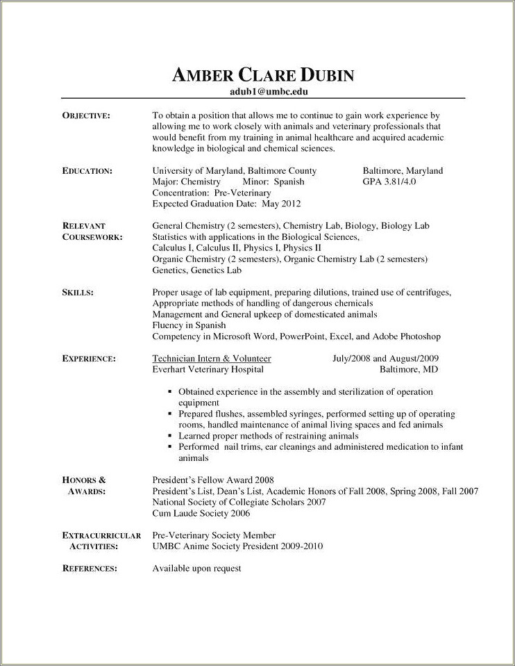 Objective On Resume For Veterinary Student
