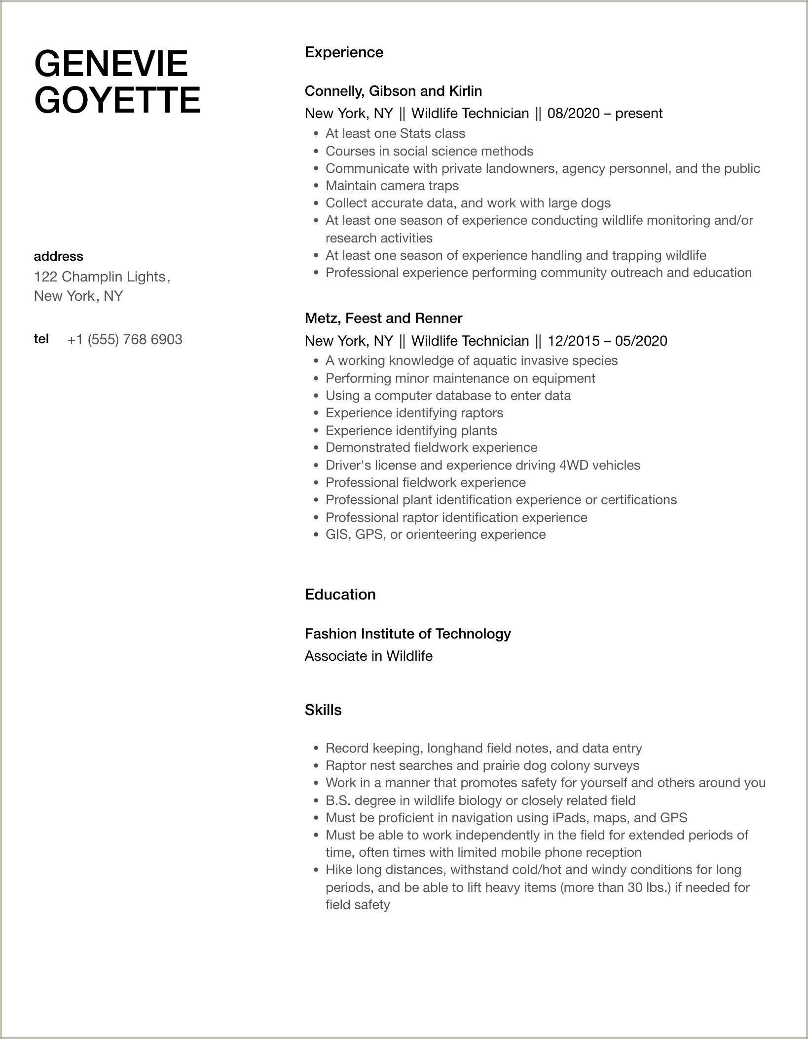 Objective On Resume For Wildlife Technician