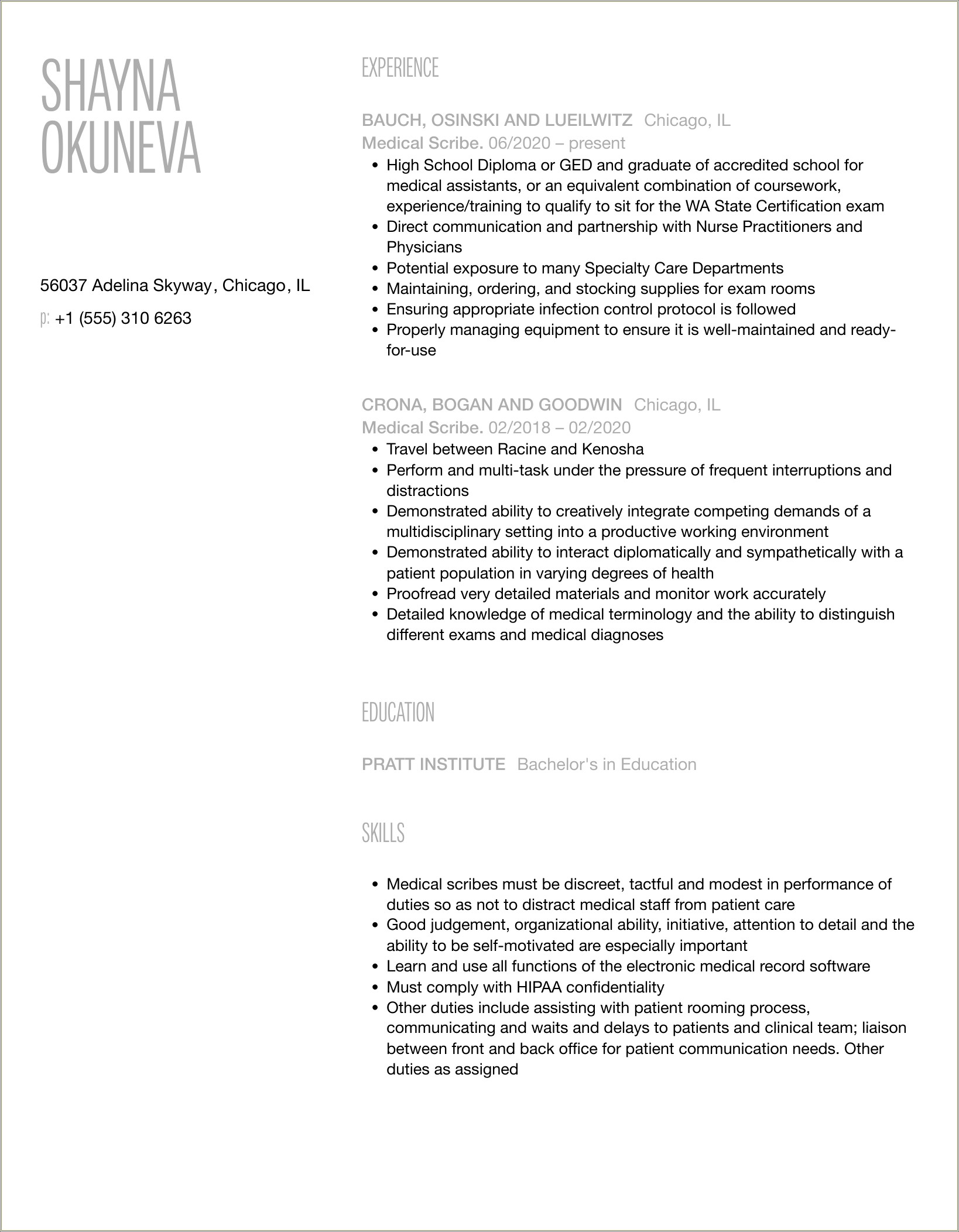 Objective Part Of Resume For Medical Scribe