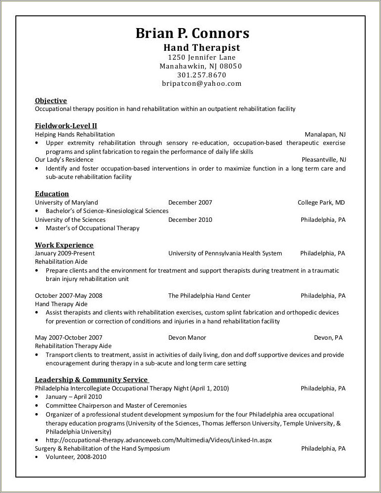 Objective Portion Of Resume Occupational Therapy