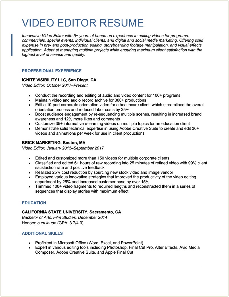 Objective Resume For Audiov Visual Producer