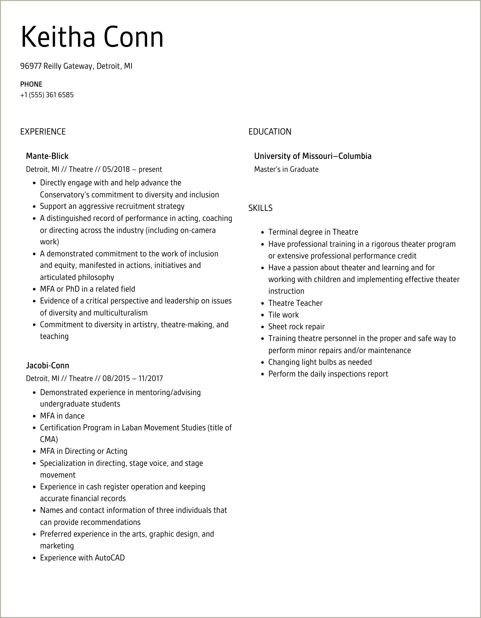 Objective Resume For Musical Theatre Teacher