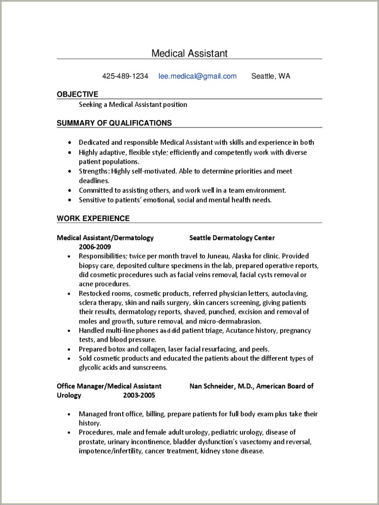 Objective Sample For Resume For Medical Assistant