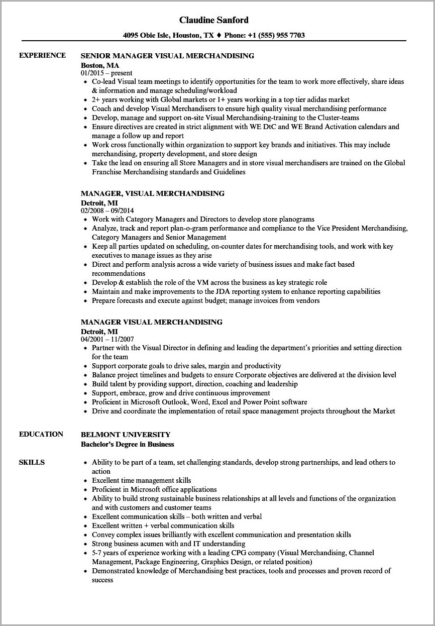 Objective Statement For A Resume For Visual Merchandiser