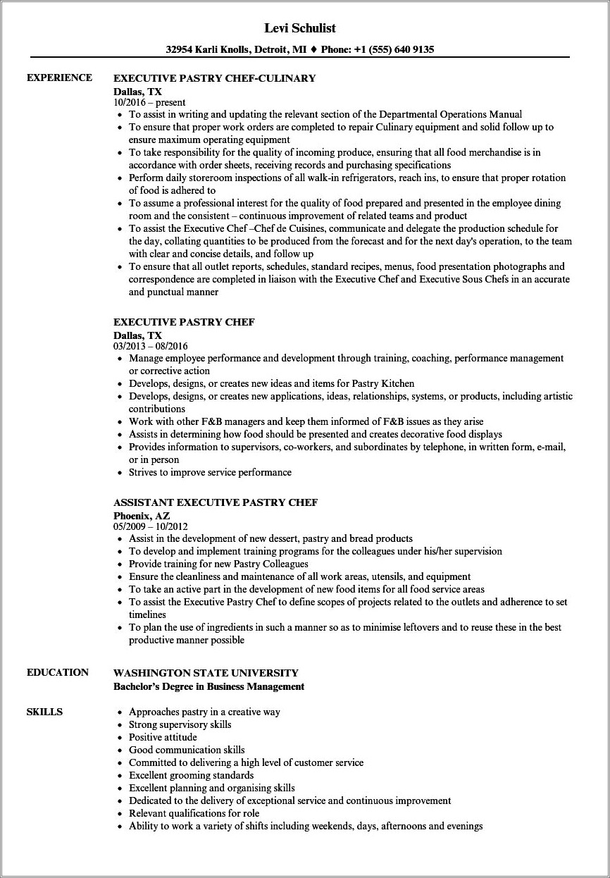 Objective Statement For Pastry Chef Resume