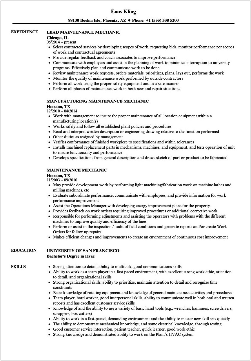 Objective Statement For Resume Industrial Maintenance