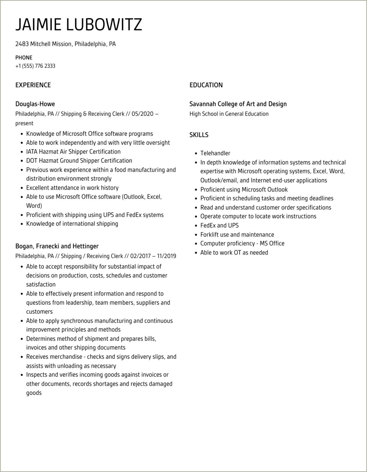 Objective Statement Resume Shipping And Receiving