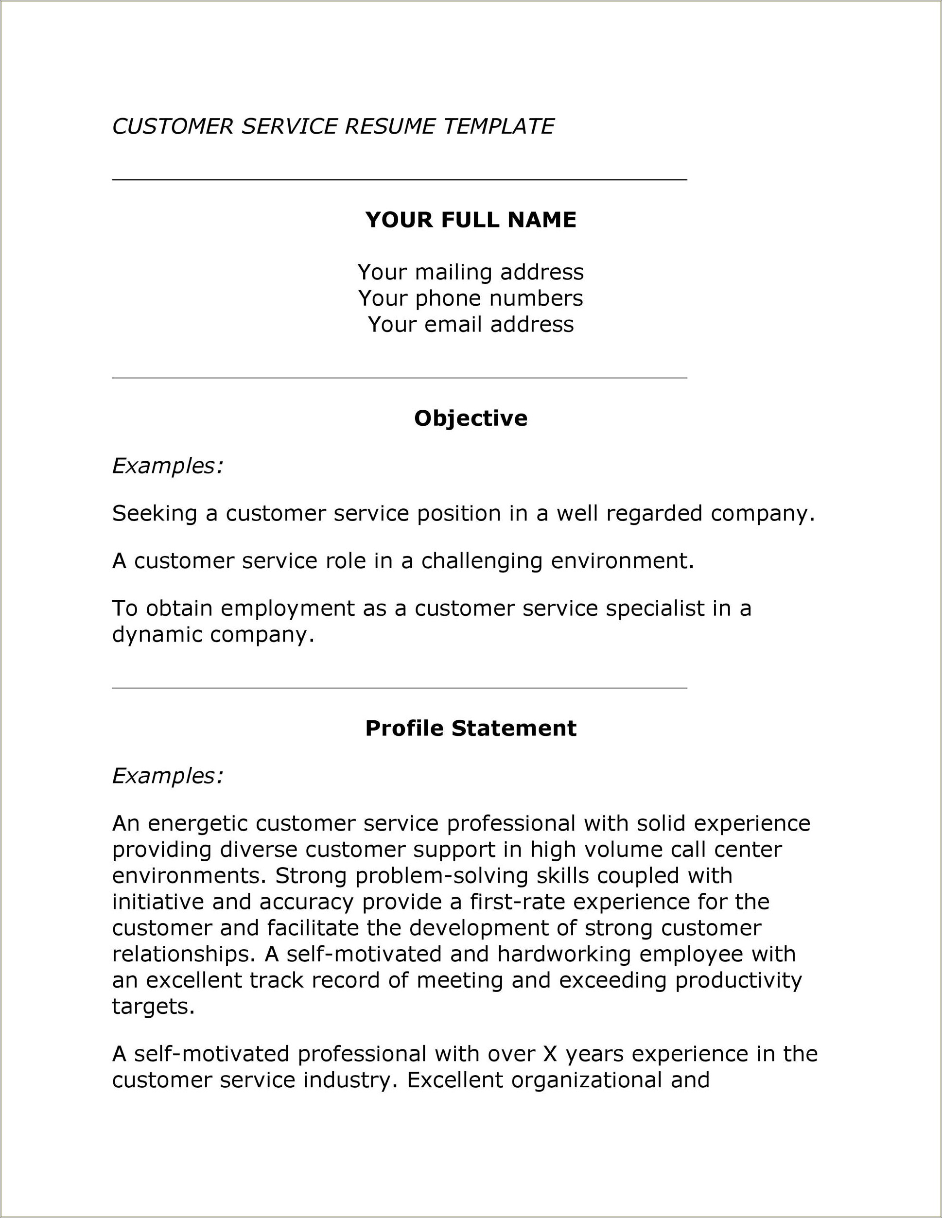 Objective Summary For Customer Service Office Resume